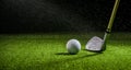 Golf club and golf ball on the turf as the rain falls Royalty Free Stock Photo