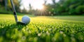 golf club hits a ball on green grass on lawn at golf course on sunny summer day close-up Royalty Free Stock Photo