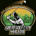 Golf club label with player in action, isolated on black background