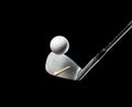 Golf club sand wedge with many tee off and golf ball over Black background isolated Royalty Free Stock Photo