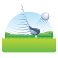 Golf club with speed lines hitting a golf ball with speed lines on a grass field with a golf course with blue sky Royalty Free Stock Photo