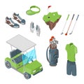 Golf club vector 3d isometric icons and design elements set. Golf cart, ball, club, bag and clothes flat illustration. Royalty Free Stock Photo