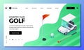 Golf club vector isometric illustration. Landing page or banner layout. Golf cart, ball, club on green field Royalty Free Stock Photo