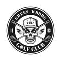 Golf club vector round emblem with skull in hat