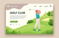 Golf club web site. Sports club with green play field, holes with flagsticks, sand traps, golf cart, golfing school landing vector Royalty Free Stock Photo