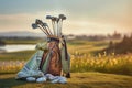 golf clubs in a bag with the course in the background Royalty Free Stock Photo