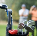Golf clubs in bag at golf course Royalty Free Stock Photo