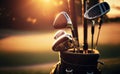 Golf clubs on golf course at sunset. Generative AI