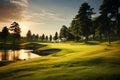 Golf course bathed in golden sunlight radiates a serene and picturesque beauty