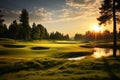 Golf course bathed in golden sunlight radiates a serene and picturesque beauty