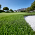 Golf course with green grass and sand trap under a clear sky. Royalty Free Stock Photo