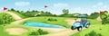 Golf course with green, water and sand bunker. Summer landscape vector cartoon illustration. Golf cart and flags on lawn Royalty Free Stock Photo
