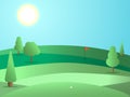 Golf course with a hole and a red flag. Landscape with green fields and trees. Sunny day. Vector Royalty Free Stock Photo