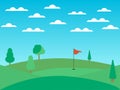 Golf course with a hole and a red flag. Landscape with green fields and trees. Sunny day. Vector Royalty Free Stock Photo