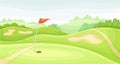 Golf course with hole, red flag and sand traps. Green summer beautiful landscape vector illustration Royalty Free Stock Photo