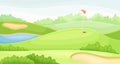 Golf course with hole, red flag and sand traps. Green summer countryside beautiful landscape vector illustration Royalty Free Stock Photo