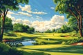 Golf course with lush greens, serene water features, and a dynamic sky hinting at a perfect day for golf Royalty Free Stock Photo