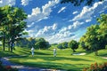 Golf course with lush greens, serene water features, and a dynamic sky hinting at a perfect day for golf Royalty Free Stock Photo