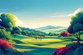 Golf course with lush greens, serene water features, and a dynamic sky hinting at a perfect day for golf Royalty Free Stock Photo