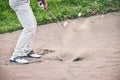 Golf course, man and swing in sand pit for shot, sports and training for hazard with power, aim and fitness. Golfer Royalty Free Stock Photo