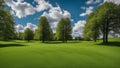 golf course in the morning a spring park with green grass and trees under a blue sky with clouds The photo shows a wide view Royalty Free Stock Photo