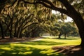Golf course with old oak trees in the morning light, Florida, Beautiful savannah landscape view on a sunny day, AI Generated Royalty Free Stock Photo