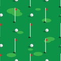 Golf course pattern background. Green grass and hole on golf field. Flags and balls on green golf course seamless Royalty Free Stock Photo