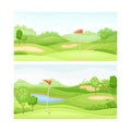 Golf course set. Green field, pond, sand bunker and red flags vector illustration Royalty Free Stock Photo