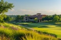 A golf course showcasing a professionally manicured green with a house in the background, A 19th hole clubhouse nestled amidst a