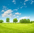 Golf course. Spring field with green grass and blue sky Royalty Free Stock Photo