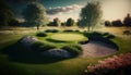 Golf course in a sunny day background. Generative AI Royalty Free Stock Photo