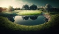 Golf course in a sunny day background. Generative AI Royalty Free Stock Photo