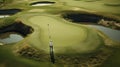 Golf course top view. Aerial view of golfers on putting green. Royalty Free Stock Photo