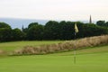 Golf course with trees and church roofs in the background