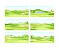 Golf courses with holes, sand traps and flags set. Green summer beautiful landscape vector illustration Royalty Free Stock Photo