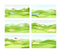 Golf courses set. Green summer course with holes, sand traps and flags vector illustration Royalty Free Stock Photo