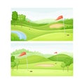 Golf courses at sunny day set. Green field, pond and red flags vector illustration Royalty Free Stock Photo