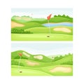 Golf courses at sunny day set. Green field, pond, sand bunker and red flags vector illustration Royalty Free Stock Photo