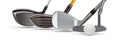 Golf Driver Woods, Iron Wedge, Putter and Ball on White Background