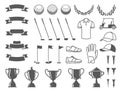 Golf elements collection. Tee icons, ball silhouettes, cup stickers and ribbons, ball markers and putter badges. Sport Royalty Free Stock Photo