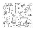 Golf equipment and golfers in doodle style. Club, bag and golf cart. Hand drawn vector illustration Royalty Free Stock Photo