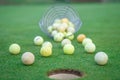 Golf equipment on green golf course, balls and sticks ready to play Royalty Free Stock Photo