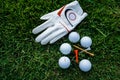 Golf equipment on green grass, ball, glove, tee and golf-club driver, golf gear and equipment on flat lay top view