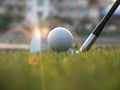 Golf equipment in a green lawn