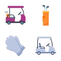 Golf equipment icons set cartoon vector. Golf cart, bag and pair of glove