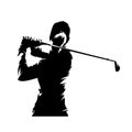 Golf, female golfer logo, isolated vector silhouette, ink drawing. Golf swing. Young active woman