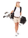 Golf, fitness and woman with clubs in a studio for exercise, training or golfing motivation. Sports, athlete and female Royalty Free Stock Photo