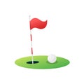 Golf flag and ball on the grass isolated on white background. Red golf pennant. Golf hole logo icon. Royalty Free Stock Photo