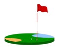 Golf flag on pole on green field. Golf hole on course marked with flag. Active lifestyle. Isometric vector isolated on white Royalty Free Stock Photo