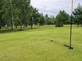 Golf game. Putter ball lies near hole on green closeup Royalty Free Stock Photo